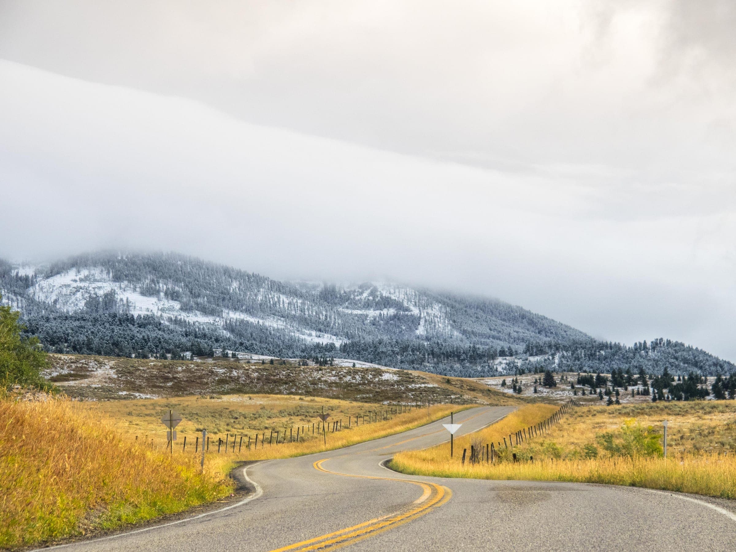 Highway curving through golden fields toward storm-shrouded mountains