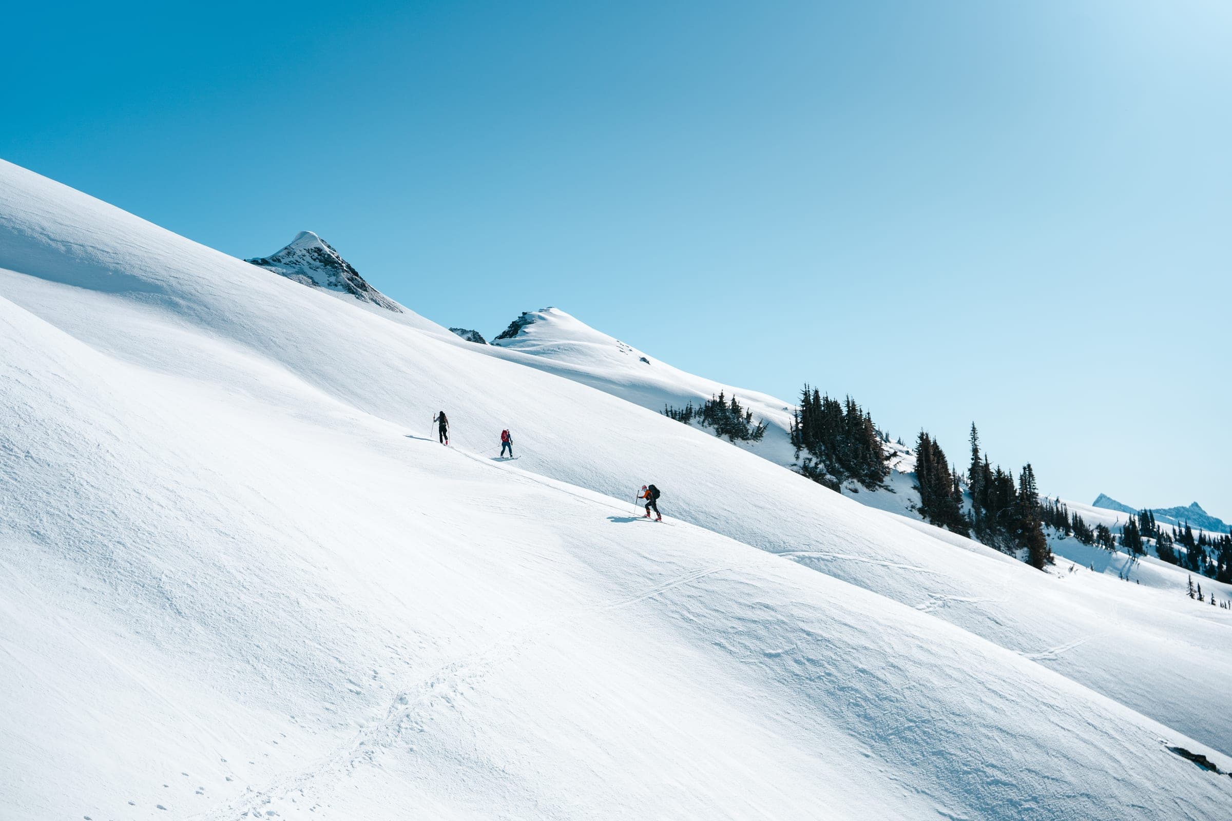 Tiny ski tourers strung across an endless volcano snowfield