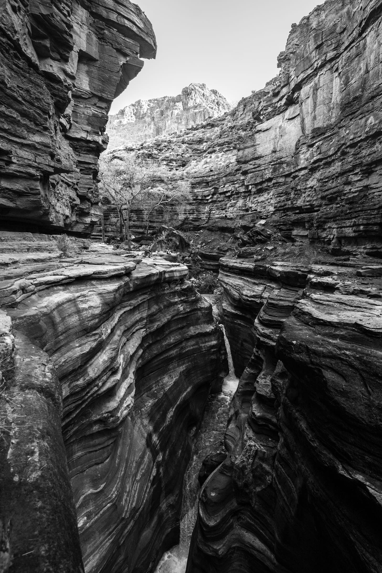 Black-and-white canyon walls like wood grain leading to a bright rim