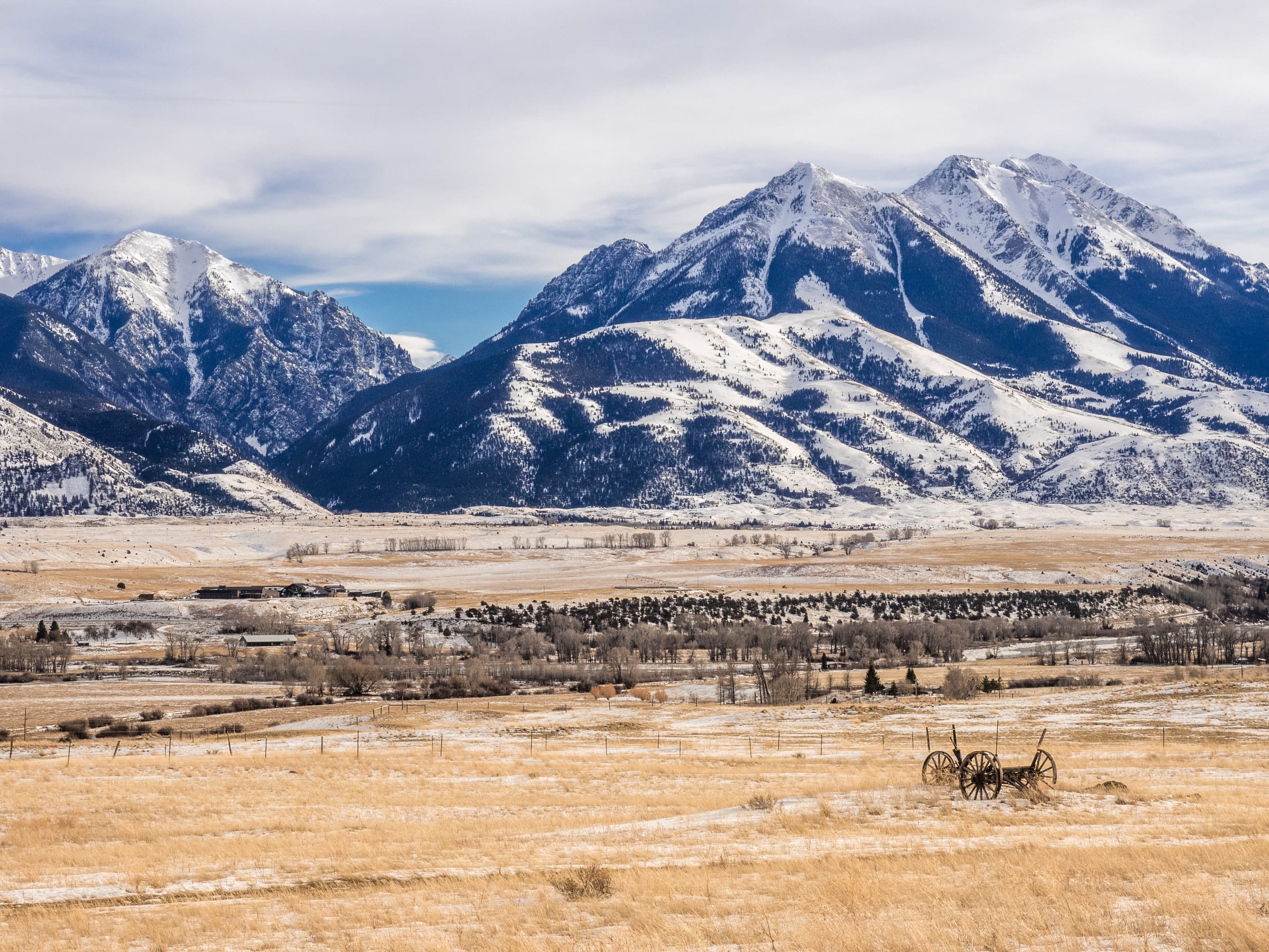 Emigrant Peak in fresh snow over Paradise Valley ranchland