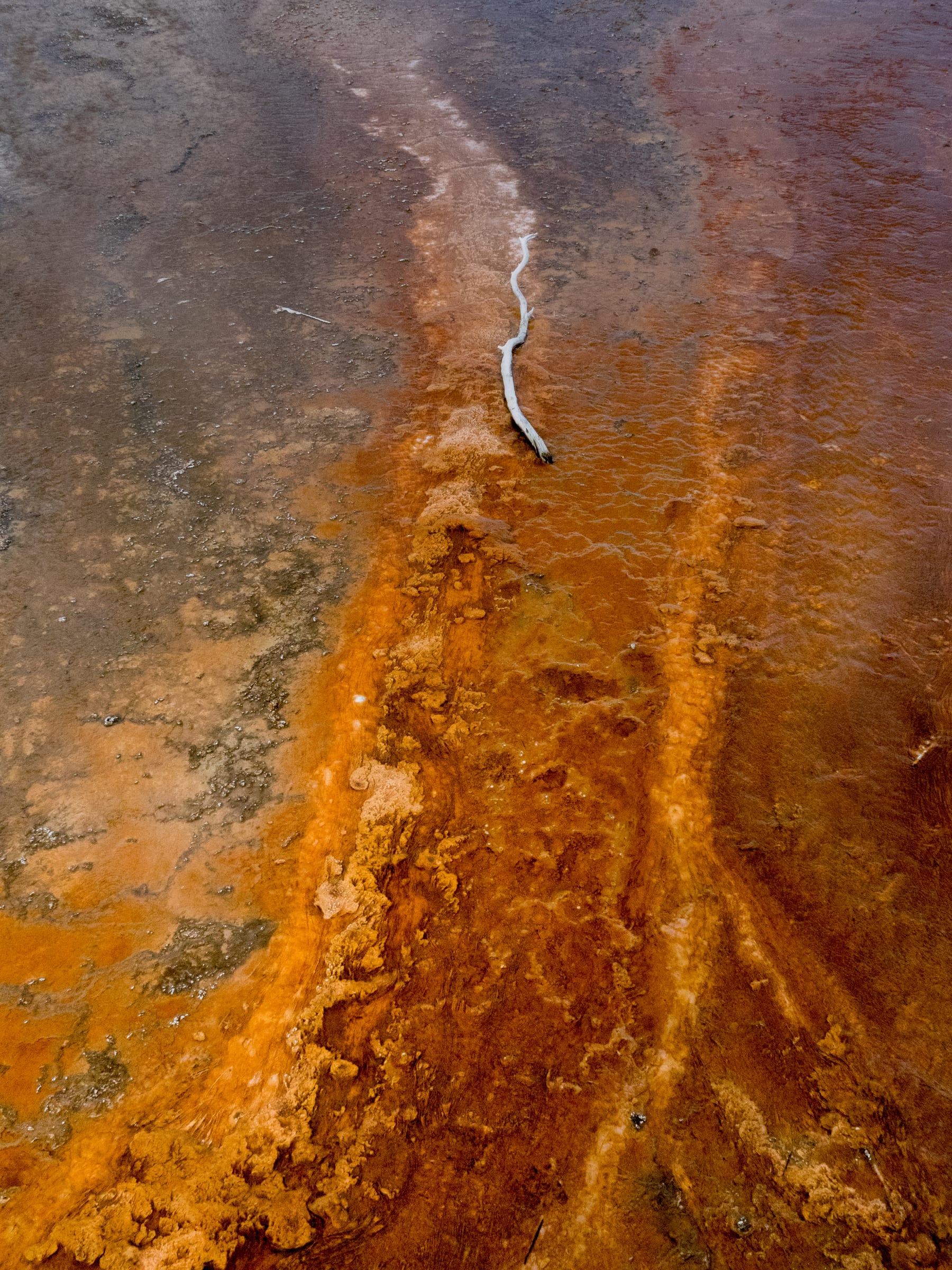 Grand Prismatic runoff seen as abstract orange and rust brushstrokes